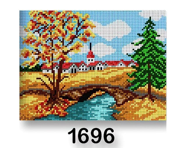 Vyšívací předloha, obrázek na vyšívání 70246/1696, most podzim, žluto-hnědá, 18x24cm