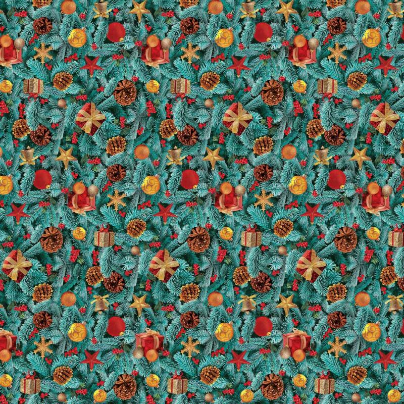 Ubrus PVC s textilním podkladem vánoční 20A jehličí, šišky a dárky, š.140cm (metráž)