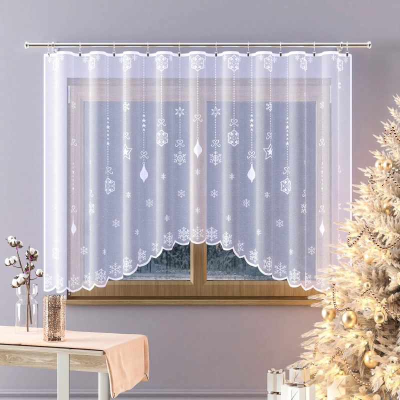 Kusová záclona VÁNOČNÍ OZDOBY, jednobarevná bílá, ozdoby a vločky vánoční, (více rozměrů)
