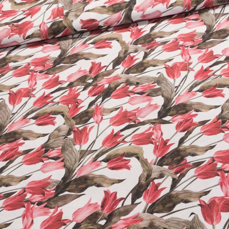 Směsové plátno červené tulipány, š.140cm (látka v metráži)