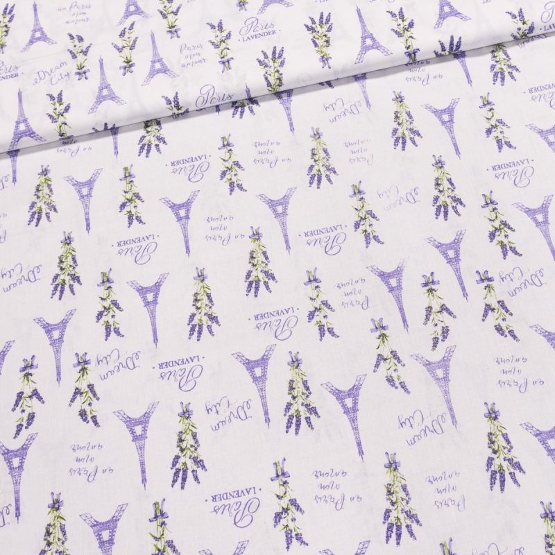 Bavlněné plátno 103000/16101, levandule a Eifelova věž na bílé, fialová, š.140cm (látka v metráži)