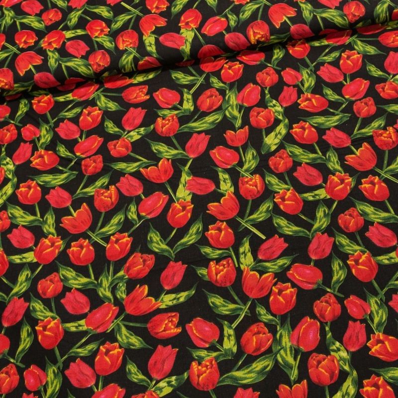 Bavlněné plátno 103000/16102, červené tulipány na černé, š.140cm (látka v metráži)