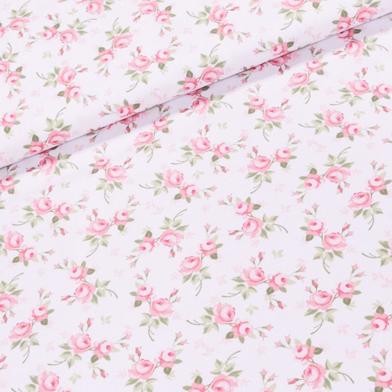 Bavlněné plátno ABBIE 302, růžové růžičky na bílé, š.140cm (látka v metráži)