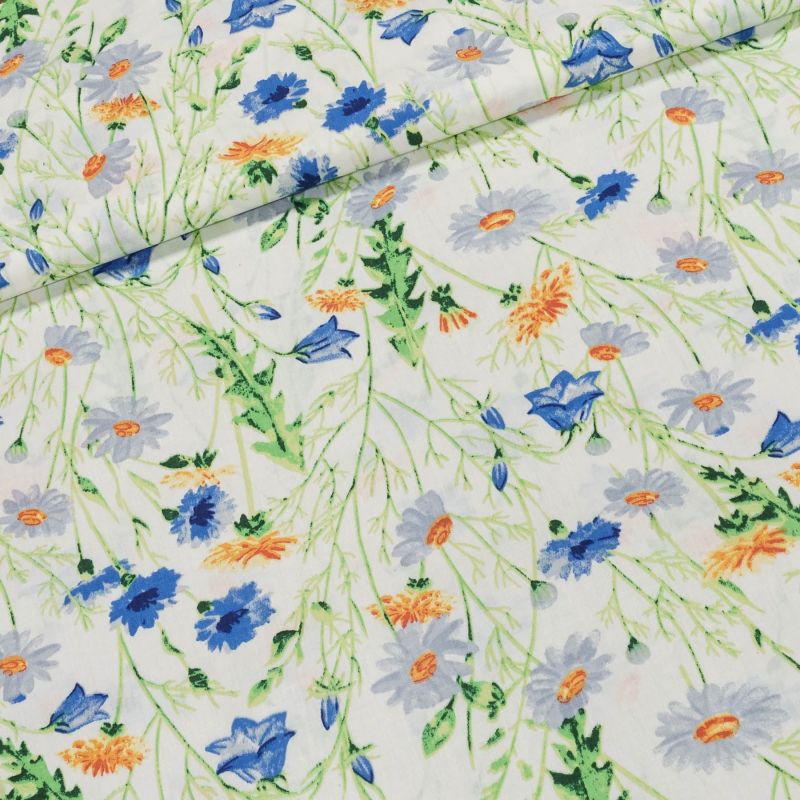 Bavlněné plátno ANIKA chrpa a kopretiny na bílé, š.160cm (látka v metráži)