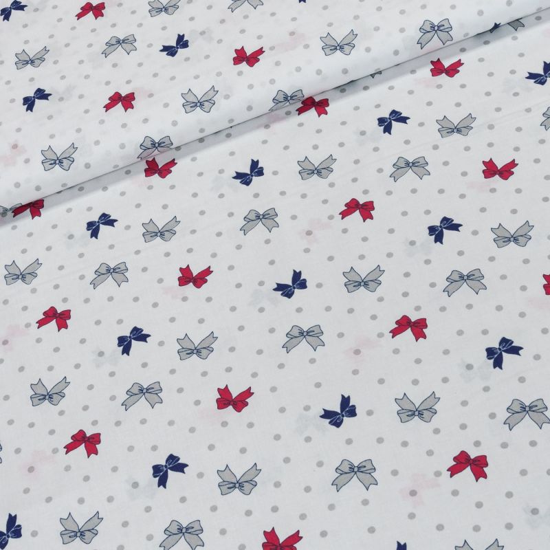 Bavlněné plátno ARIA šedé, modré a červené mašličky na bílé, š.160cm (látka v metráži)