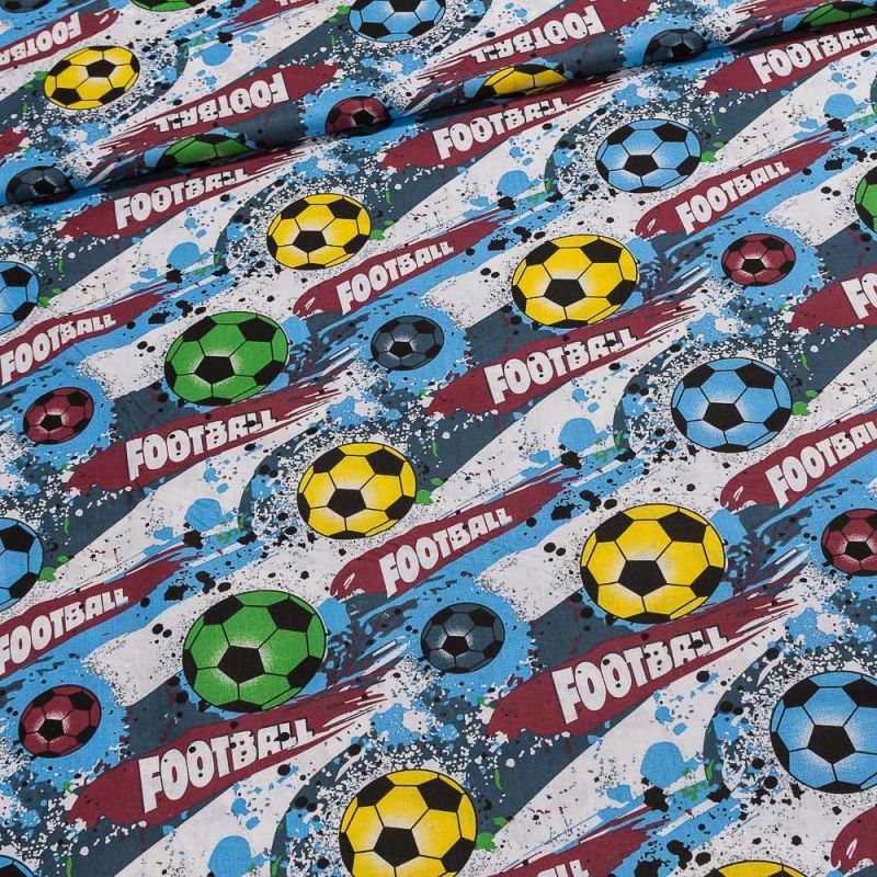 Bavlněné plátno dětské 103000/14535 ORIG. fotbalové míče s nápisy, modrá, š.140cm (látka v metráži)
