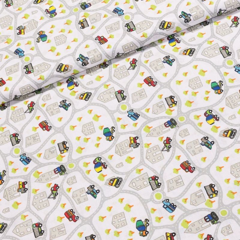 Bavlněné plátno dětské 303000/DO855, cesty a auta na bílé, š.140cm (látka v metráži)