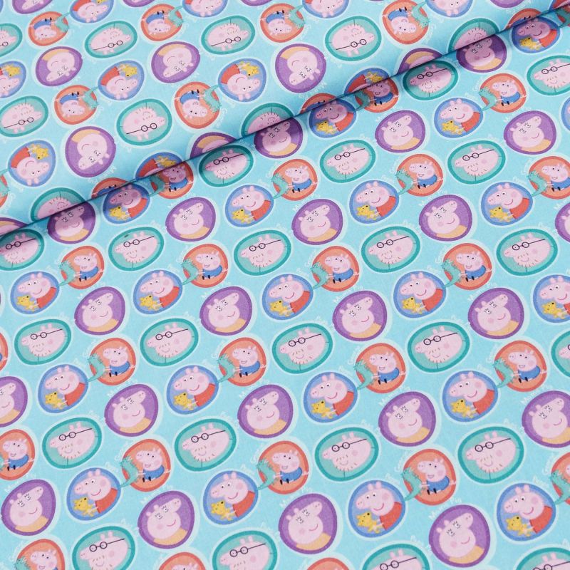 Bavlněné plátno dětské 7016, PRASÁTKO PEPINA (Peppa) na modré, š.150cm (látka v metráži)