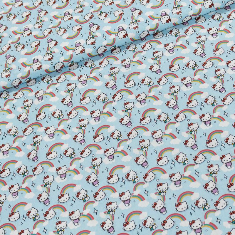 Bavlněné plátno dětské 7023, HELOO KITTY a duha na modré, š.150cm (látka v metráži)