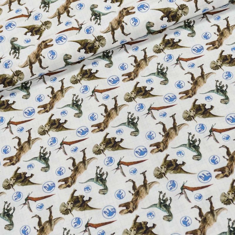 Bavlněné plátno dětské 7027, JURSKÝ PARK, dinosauři na bílé, š.150cm (látka v metráži)