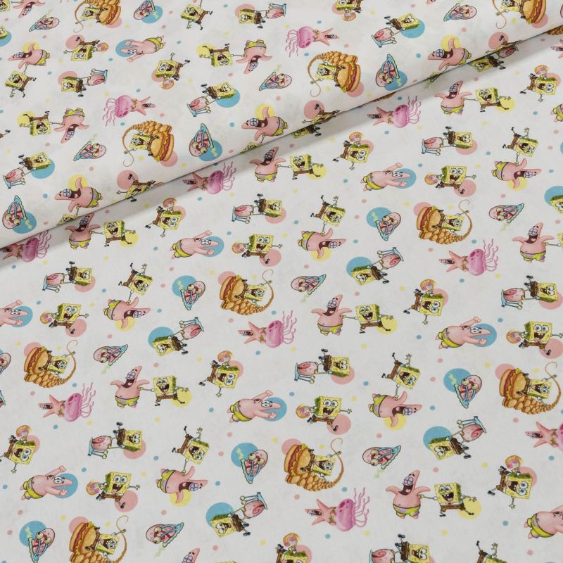 Bavlněné plátno dětské 7028, SPONGE BOB na bílé, š.150cm (látka v metráži)
