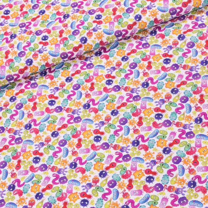 Bavlněné plátno dětské TREND VIRUS 60 MULTICOLOR, barevné viry na bílé, š.150cm (látka v metráži)