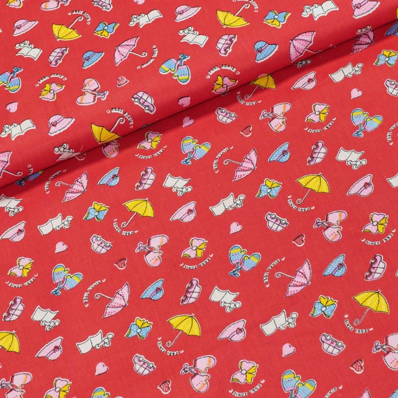 Bavlněné plátno dětské deštníky, klobouky, rukavičky na červené, š.160 cm (látka v metráži)