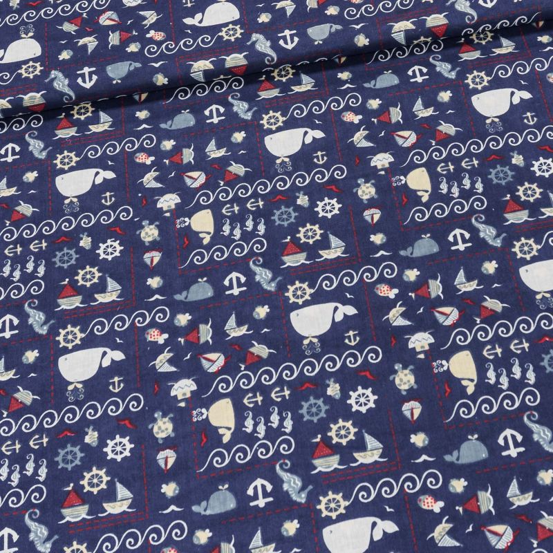 Bavlněné plátno dětské EMA námořnický motiv na tmavě modré, š.140cm (látka v metráži)
