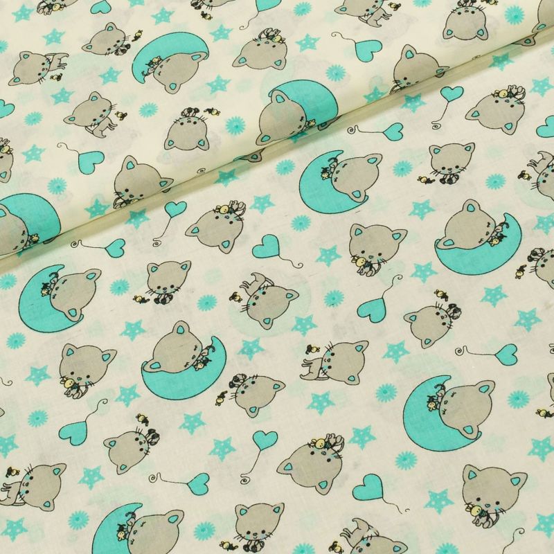 Bavlněné plátno dětské kočky na modrém měsíci s hvězdami, š.140cm (látka v metráži)