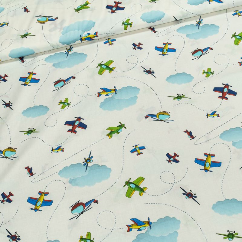 Bavlněné plátno dětské letadla a vrtulníky na bílé, š.140cm (látka v metráži)