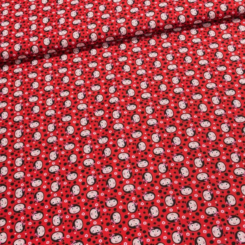 Bavlněné plátno dětské LGB 738001, hlavičky berušek na červené s puntíky, š.150cm (látka v metráži)