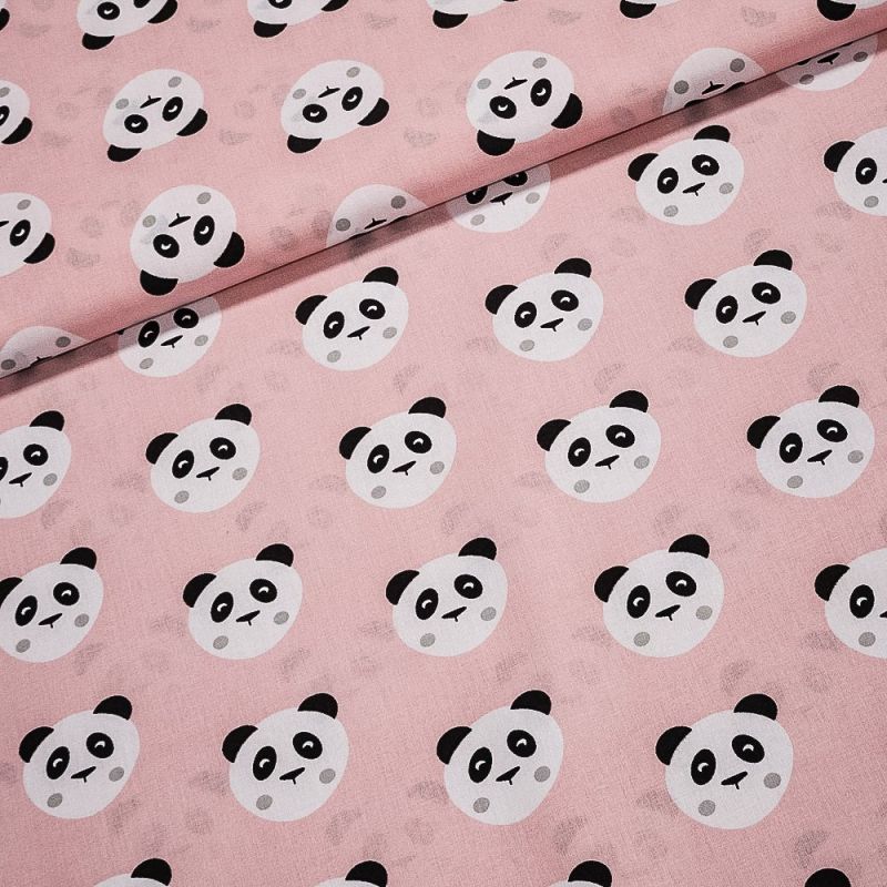 Bavlněné plátno dětské MACTEY 1B, hlavy pandy na růžové, š.140cm (látka v metráži)