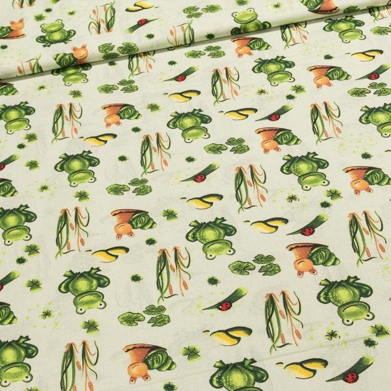 Bavlněné plátno dětské POLO žabky v rákosí na zelené, š.140cm (látka v metráži)