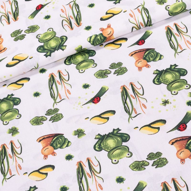 Bavlněné plátno dětské POLO žáby na smetanové, š.140cm (látka v metráži)