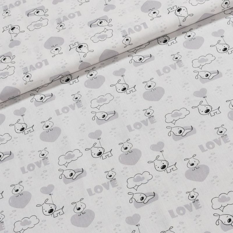 Bavlněné plátno dětské šedí pejsci na bílé, š.140cm (látka v metráži)