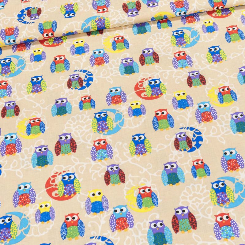Bavlněné plátno dětské SOVY na béžové, š.140cm (látka v metráži)