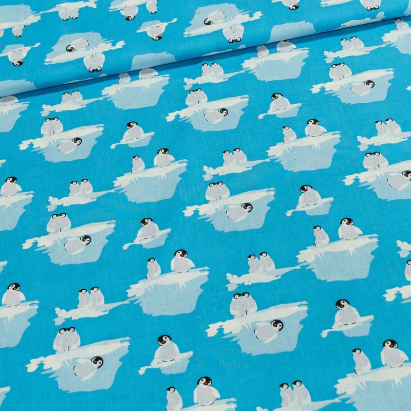 Bavlněné plátno dětské tučňáci na modré, š.150cm (látka v metráži)