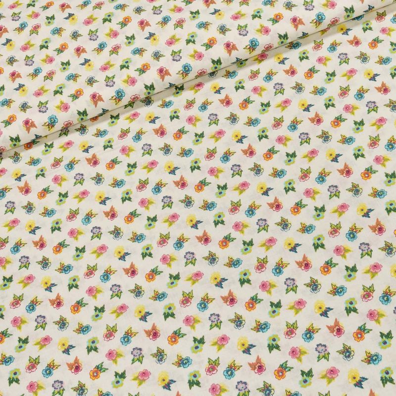 Bavlněné plátno EMA vícebarevné kytičky na smetanové, š.140cm (látka v metráži)