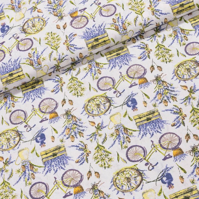 Bavlněné plátno levandule a kolo na bílé, fialová, š.140cm (látka v metráži)