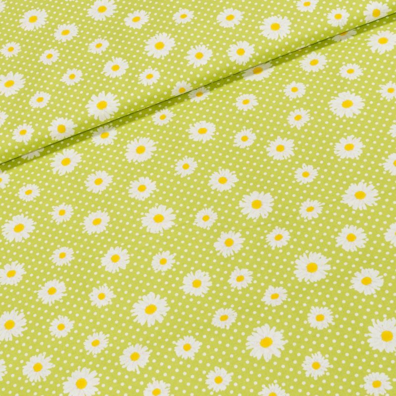 Bavlněné plátno MATY 1620306/04 kopretiny a tečky na zelené, š.140cm (látka v metráži)