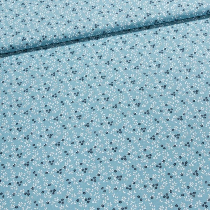Bavlněné plátno NAHO 1B, tmavě modré kvítečka bílé lístky na tyrkysové , š.140cm (látka v metráži)