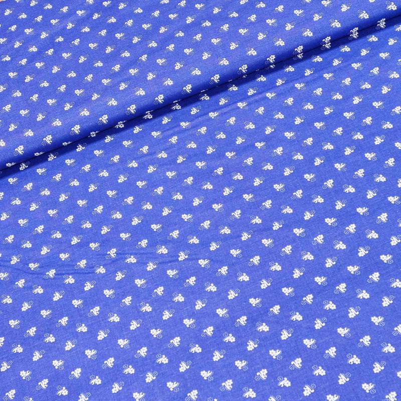 Bavlněné plátno POLO bílý kvítek na modré, š.140cm (látka v metráži)