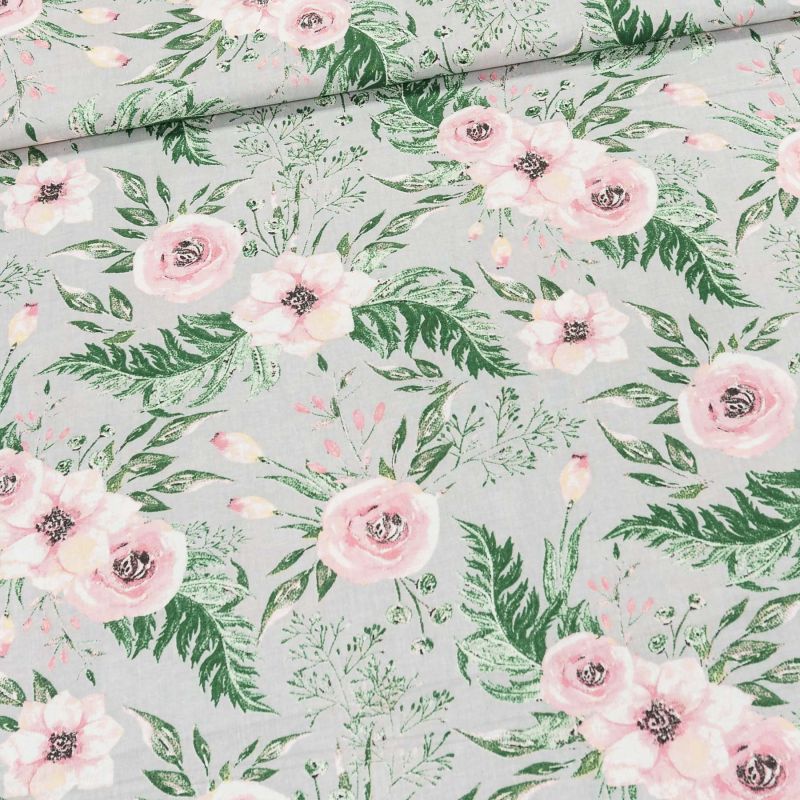 Bavlněné plátno POLO růžové květy s listy na šedé, š.160cm (látka v metráži)