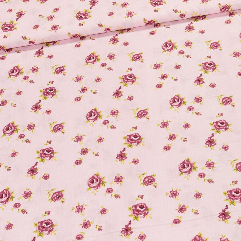 Bavlněné plátno POLO vínové růžičky na růžové, š.140cm (látka v metráži)
