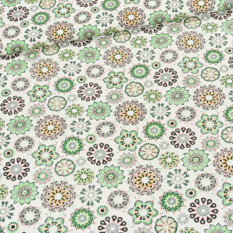 Bavlněné plátno POLO zeleno-oranžové mandaly, š.160cm (látka v metráži)