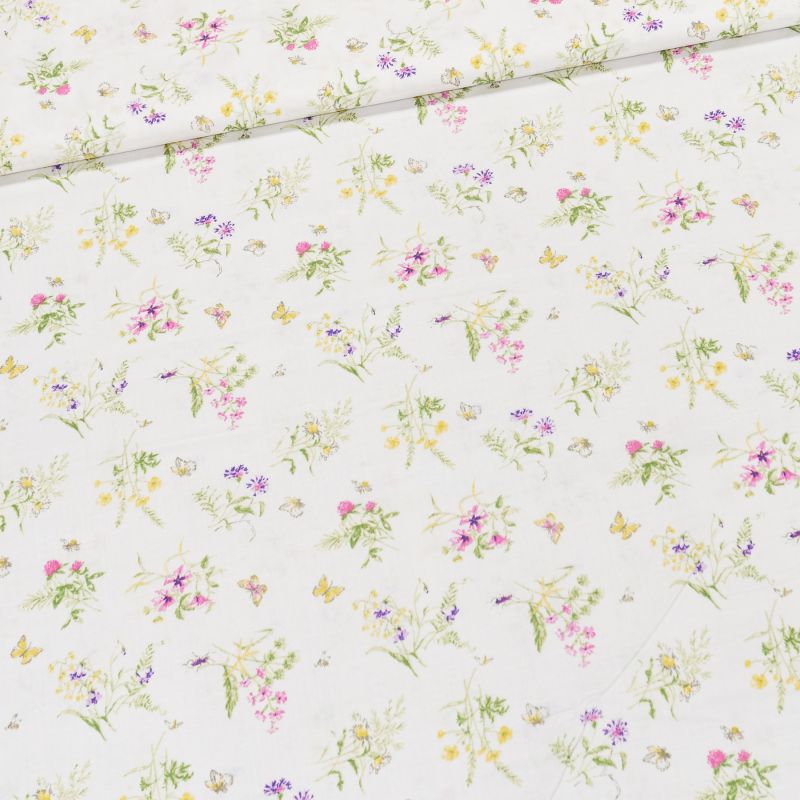 Bavlněné plátno SIMONA kytičky lučních květů s motýlky na bílé, š.140cm (látka v metráži)