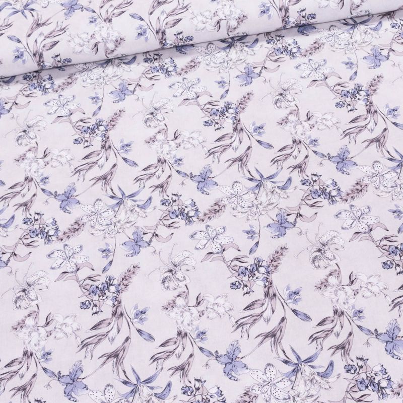 Bavlněné plátno TREND LEVILA-A 2 AZUL, fialové květy béžové, š.150cm (látka v metráži)