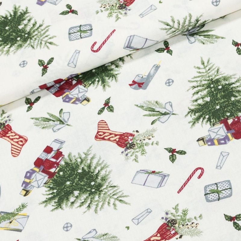 Bavlněné plátno vánoční 103000/16800, stromečky a dárky na bílé, š.140cm (látka v metráži)