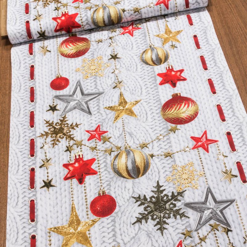 Bavlněné plátno vánoční / štola na metráž 503024 30044, šedé hvězdy a červené dekorace na šedé pletenině, š. 50cm (látka v metráži)