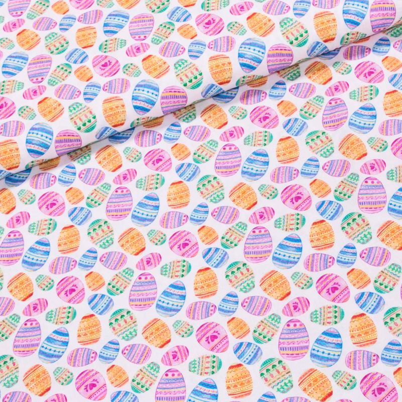 Bavlněné plátno velikonoční TREND OEFS 60 MULTICOLOR, barevná velikonoční vajíčka na bílé, š.150cm (látka v metráži)