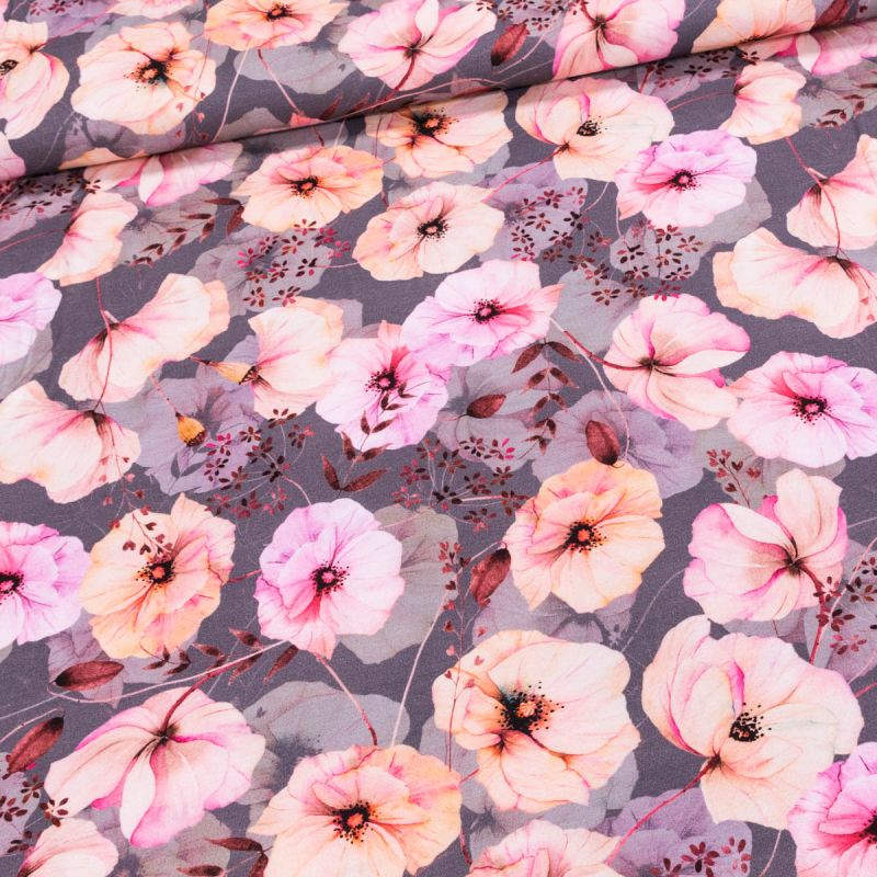 Viskózový úplet 403143/01, žluté a růžové vlčí máky na šedé, š.145cm (látka v metráži)