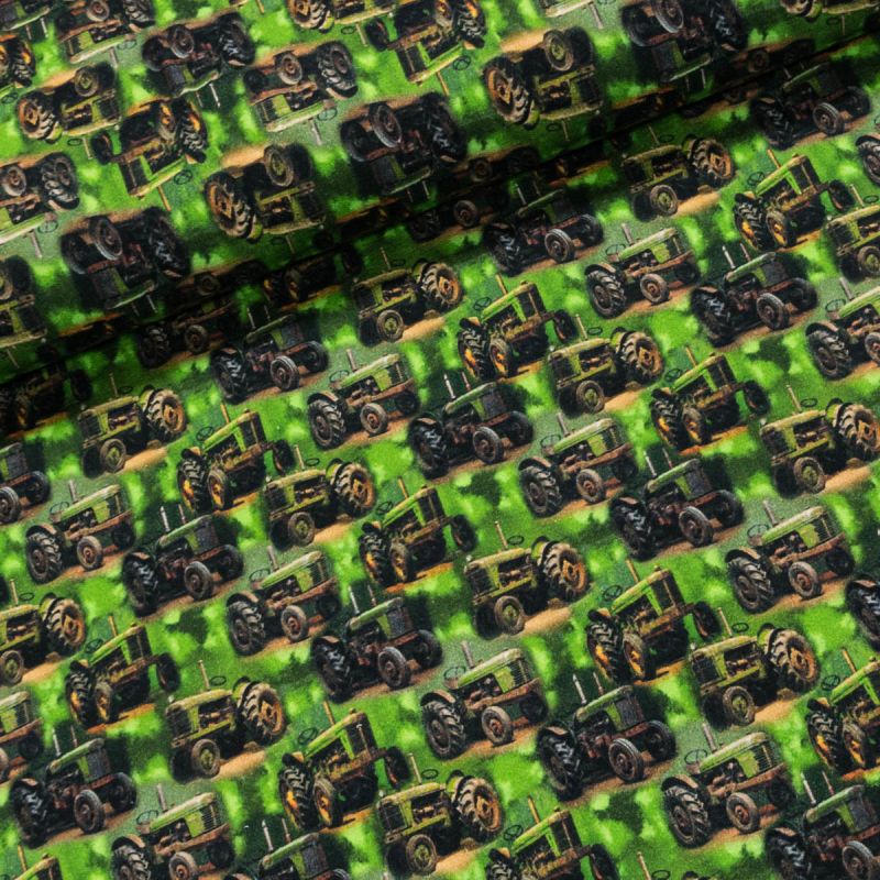 Bavlněný úplet dětský TEPLÁKOVINA 6-00824 DIGITÁLNÍ TISK traktory na zelené, š.140cm (látka v metráži)