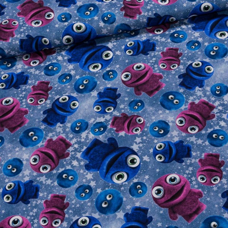 Bavlněný úplet dětský 6-10020 DIGITÁLNÍ TISK růžoví a modří smajlíci, š.180cm (látka v metráži)