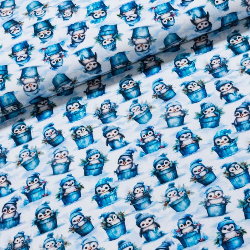 Bavlněný úplet dětský 6-23123 DIGITÁLNÍ TISK tučňáci v kyblíku, modrá, š.150cm (látka v metráži)