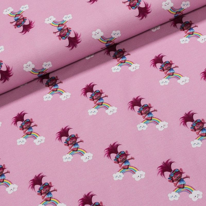 Bavlněný úplet dětský TEPLÁKOVINA 7101-001 TROLLS, skřitci a duha na růžové, š.145cm (látka v metráži)