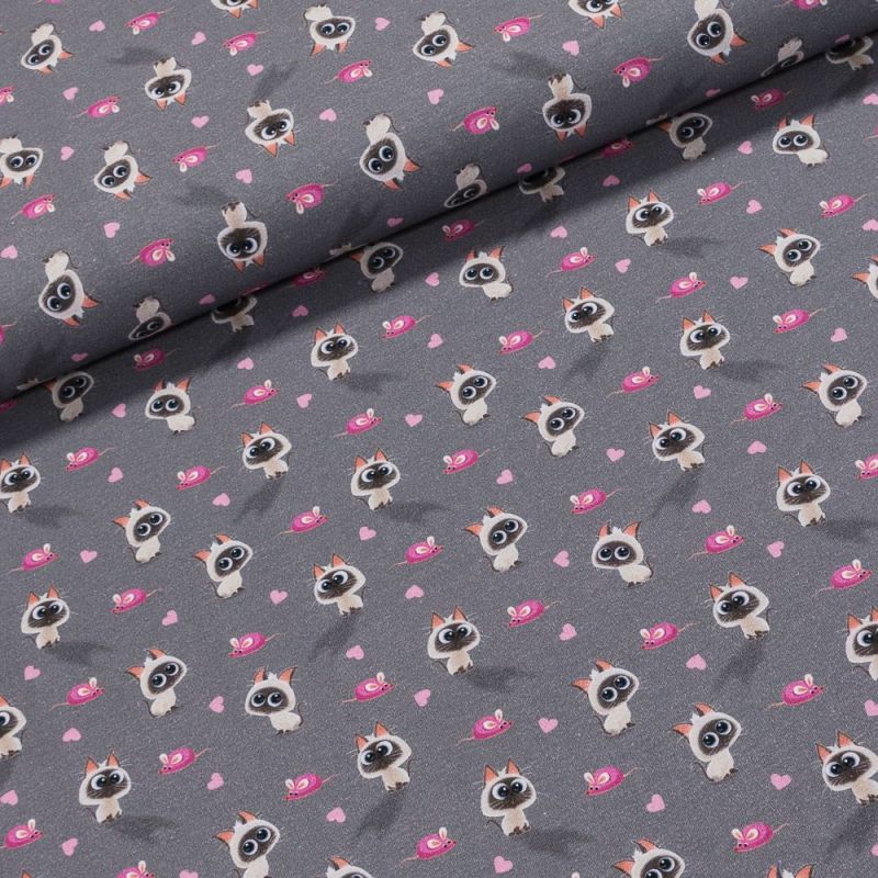 Bavlněný úplet dětský 7648-002 DIGITÁLNÍ TISK tajný život mazlíčků, kočka a myš, šedá, š.142cm (látka v metráži)