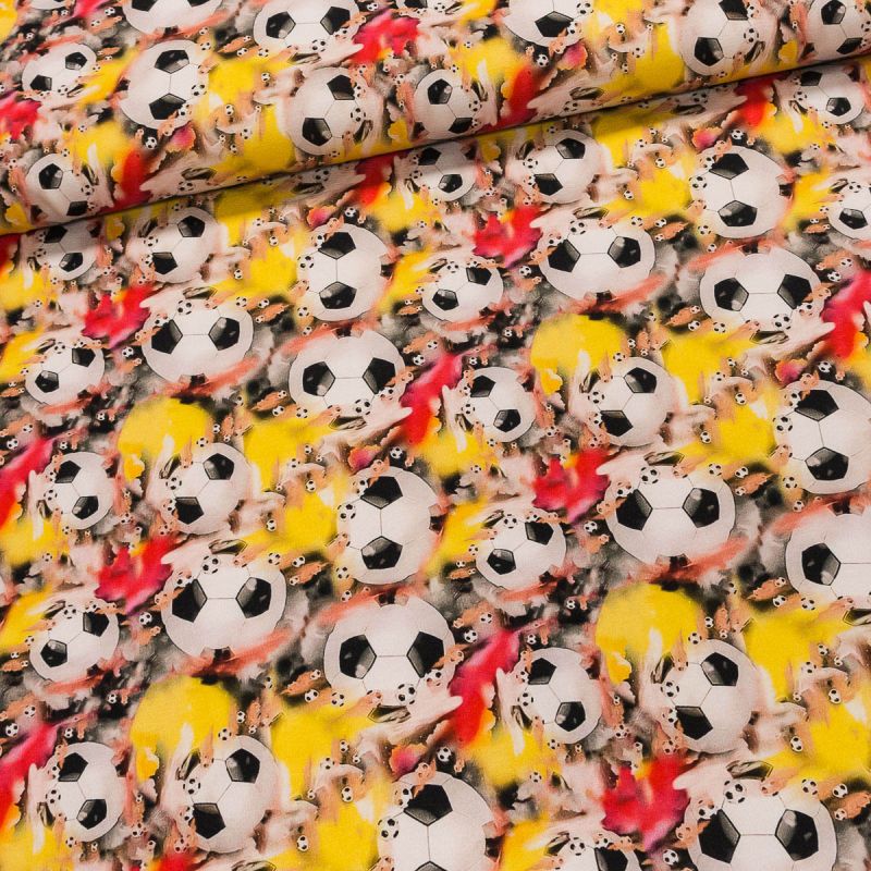 Bavlněný úplet dětský TEPLÁKOVINA DIGITÁLNÍ TISK  8889119 FOTBAL, žluto-červené míče, š.180cm (látka v metráži)