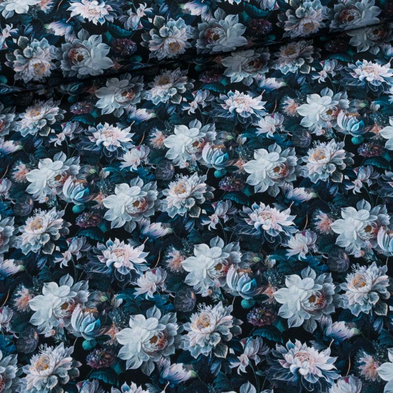 Bavlněný úplet TEPLÁKOVINA DIGÁLNÍ TISK 6-18523, květy na modré, š.140cm (látka v metráži)