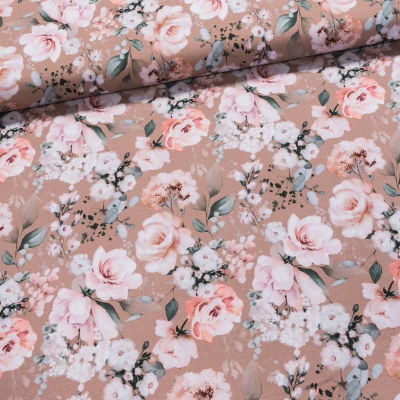 Bavlněný úplet TEPLÁKOVINA 4842 1075, lososové květy na starorůžové, š.185cm (látka v metráži)