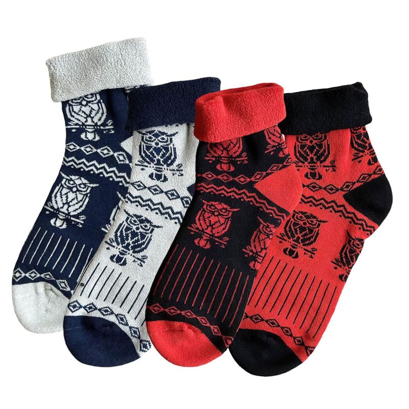 Ponožky teplé froté 12794, sovy mix, zkrácené, unisex, 4 páry (více velikostí)